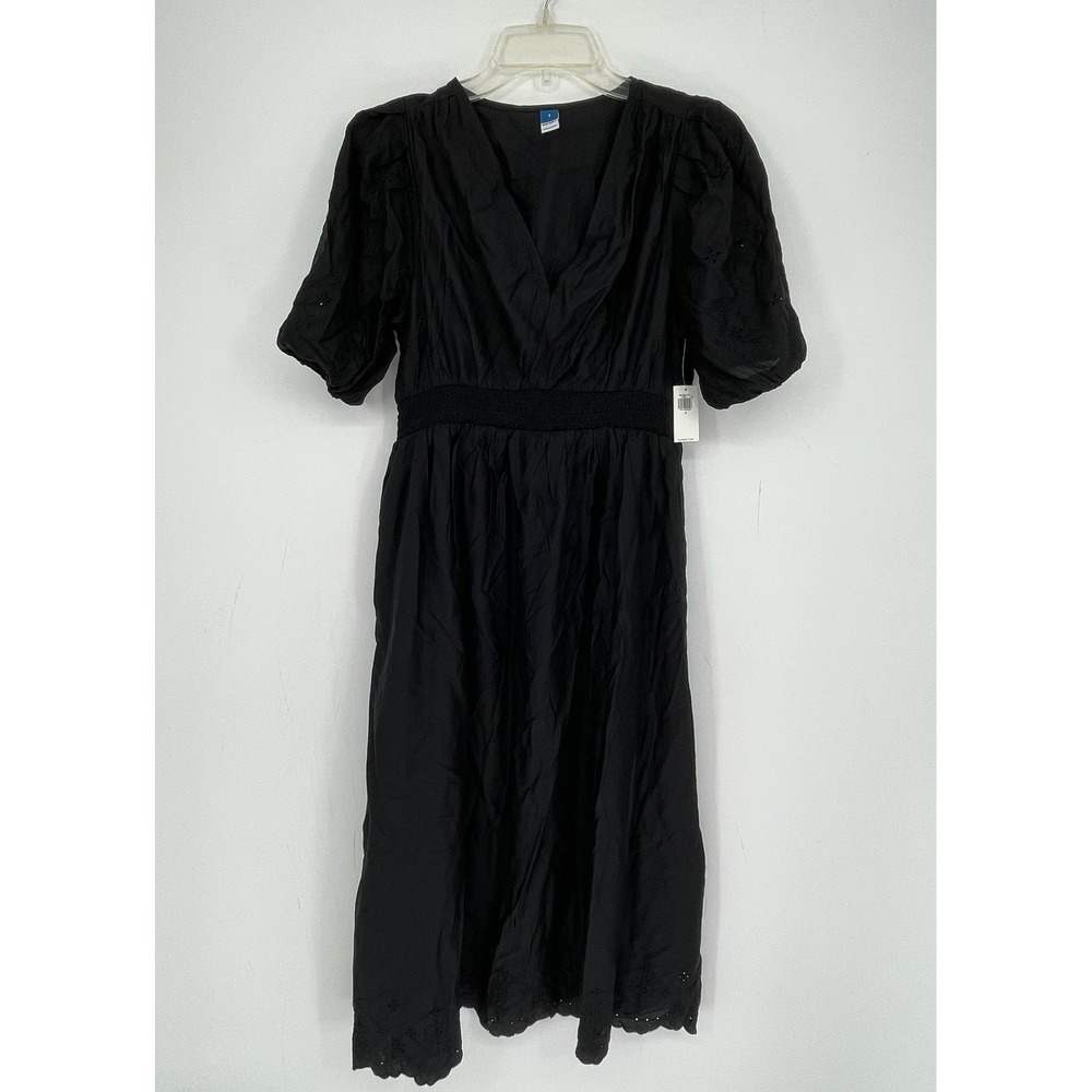 Old Navy NWT Women's Black Eyelet Waist Define Puff Sleeve Midi Dress Size S